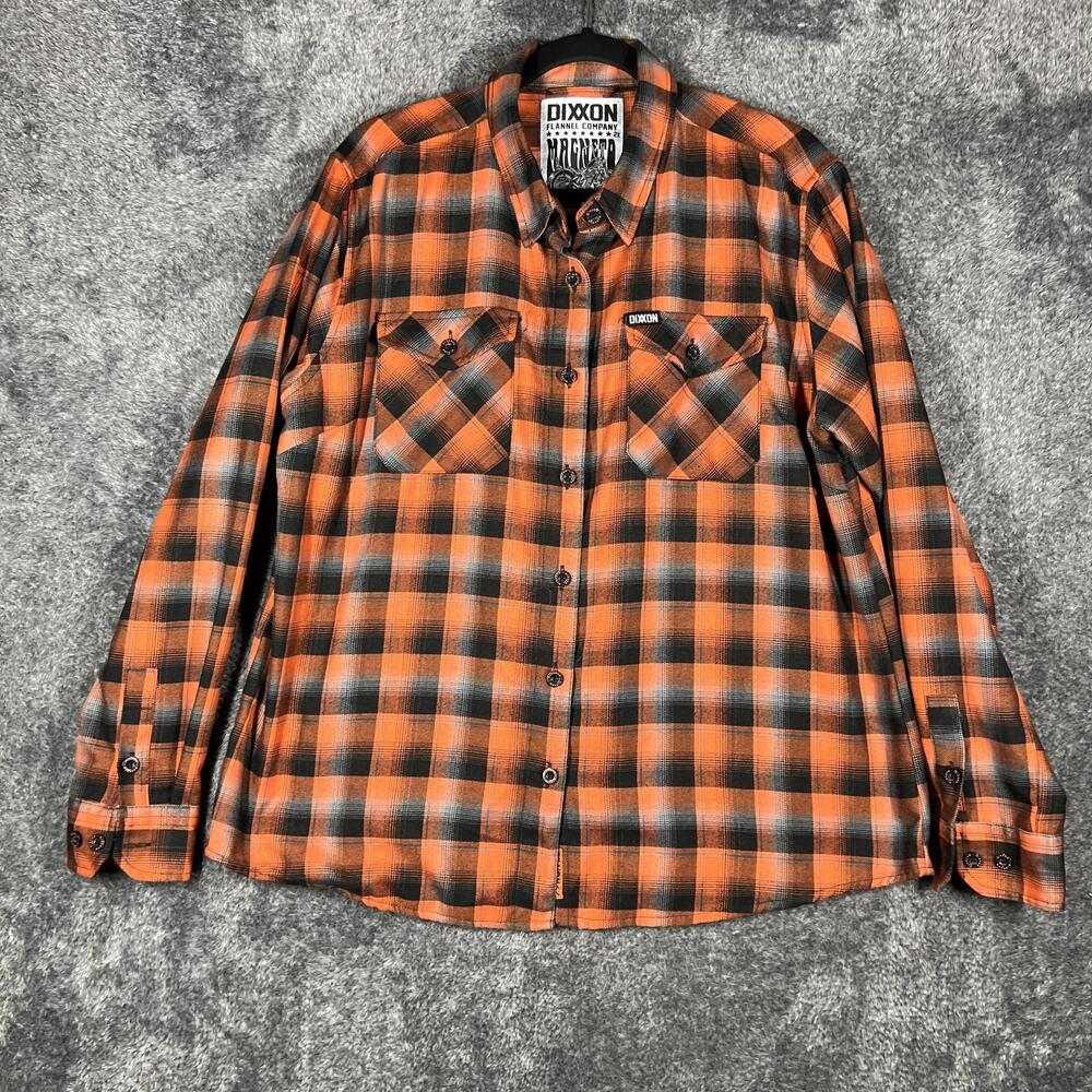 DIXXON Shirt Womens 2X Orange Plaid Long Sleeve Button Flannel Pockets Magneto